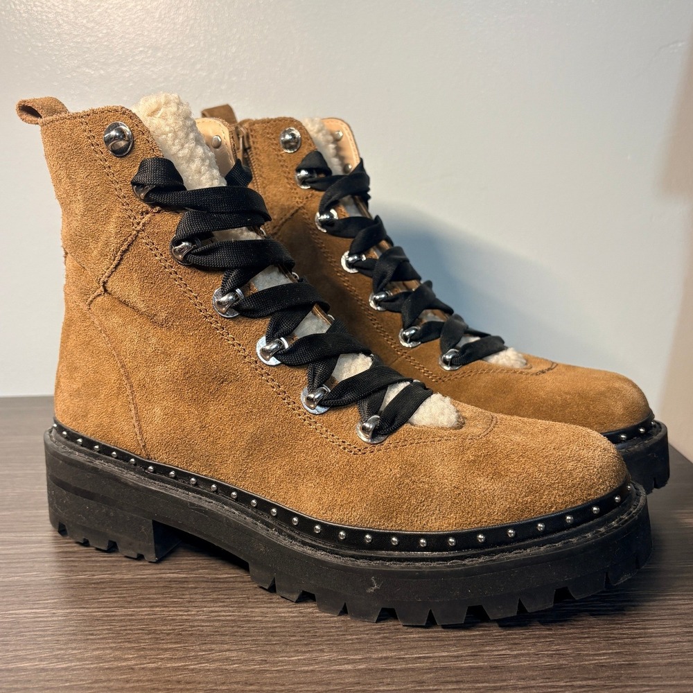 Steve Madden Rainier Tan Suede Faux Fur Studded Lug Combat Boots RAIN15S1 9M